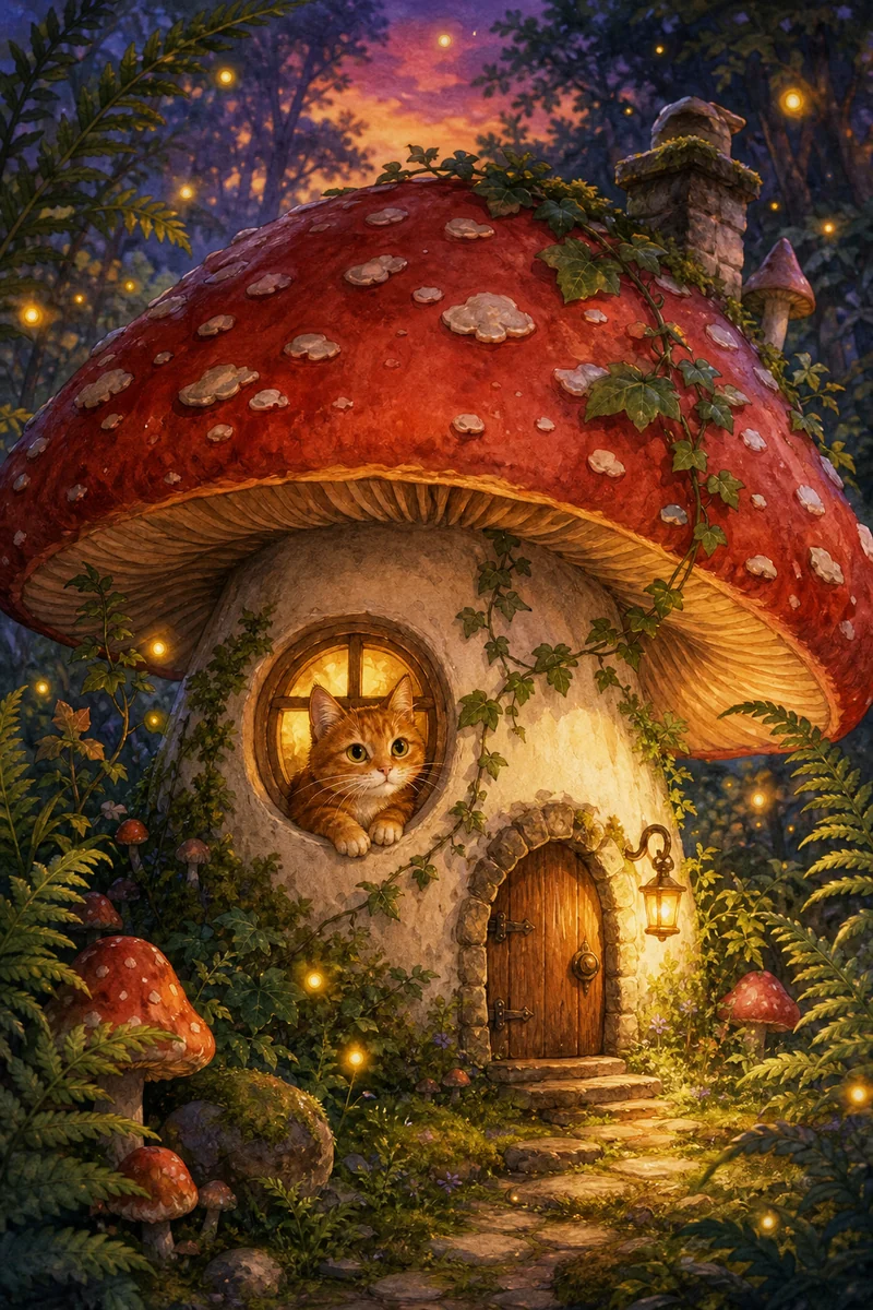 Mushroom Cottage AI pet portrait — sample render