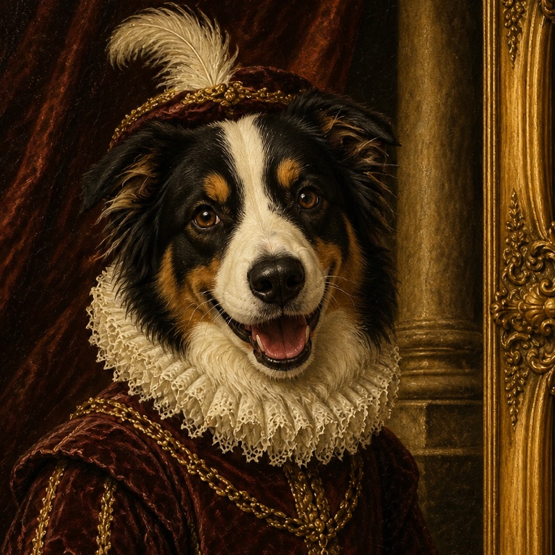 An example phone photo of a border collie and the royal court AI pet portrait PawSnap made from it